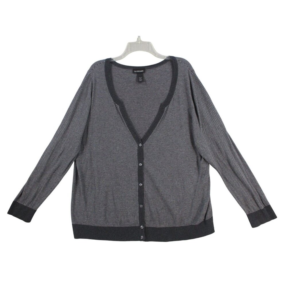 Lane Bryant‎ Womens Cardigan 22/24 Gray Striped 100% Cotton V-Neck Button-Down